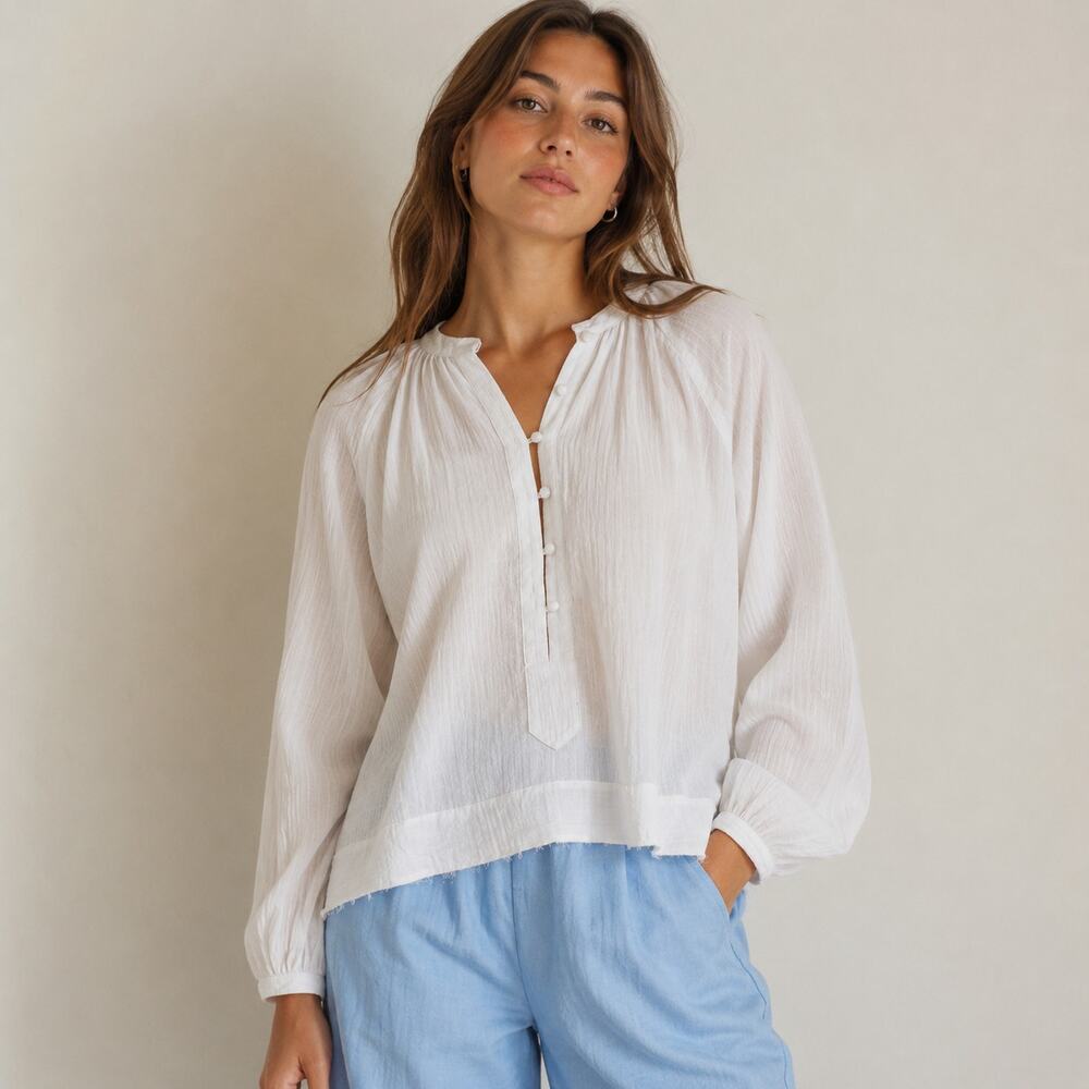 Rodebjer White Casuarina Gauze Half Button Blouse Shirt Long Sleeve Top, size M